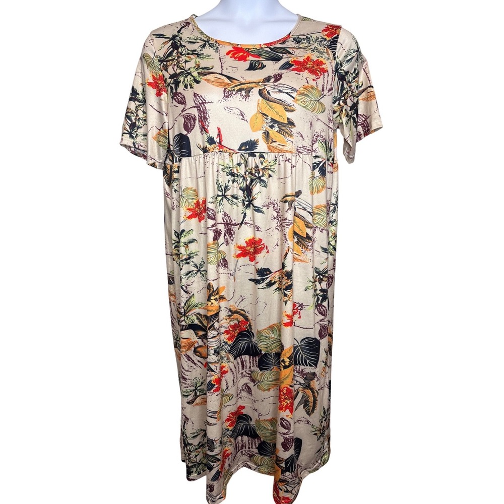 Fiber Arts Tropical Floral Empire Waist Midi Dress Size L Boho Cottagecore
